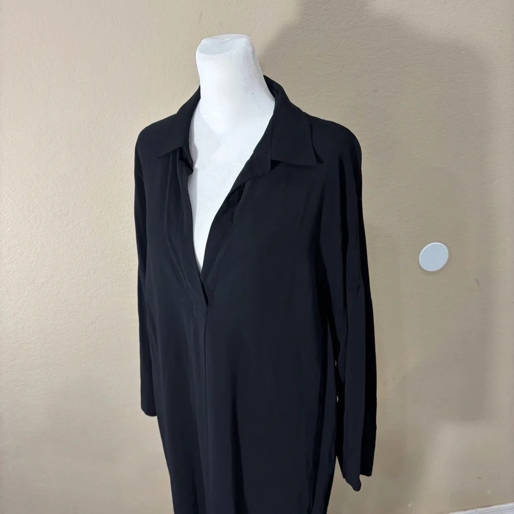 Vince Shirt Dress Black Easy Knit Oversized Split Neck Pullover Sz L Lagen Look - Picture 2 of 11